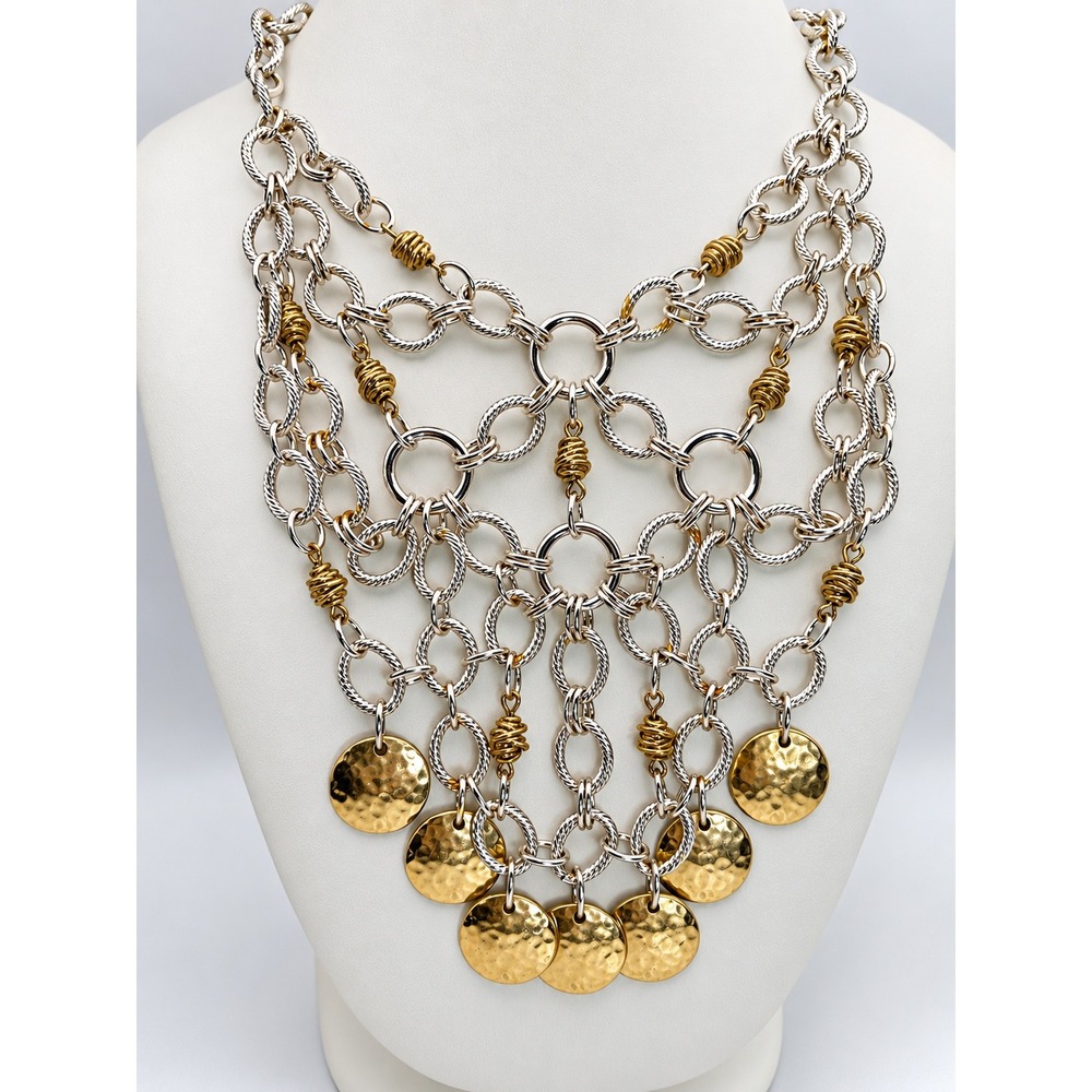 Chicos Bib Necklace Womens OS Gold Silver New Grace Mixed Metal Hammered Coin